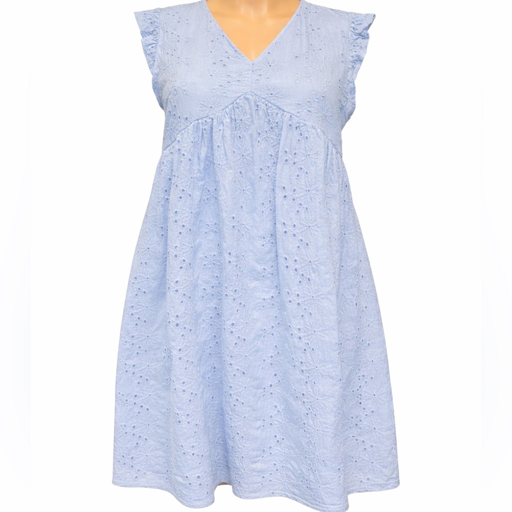 Light Blue Eyelet Dress Cotton V Neck Ruffle Sleeve Mini Cottagecore S - Picture 2 of 9